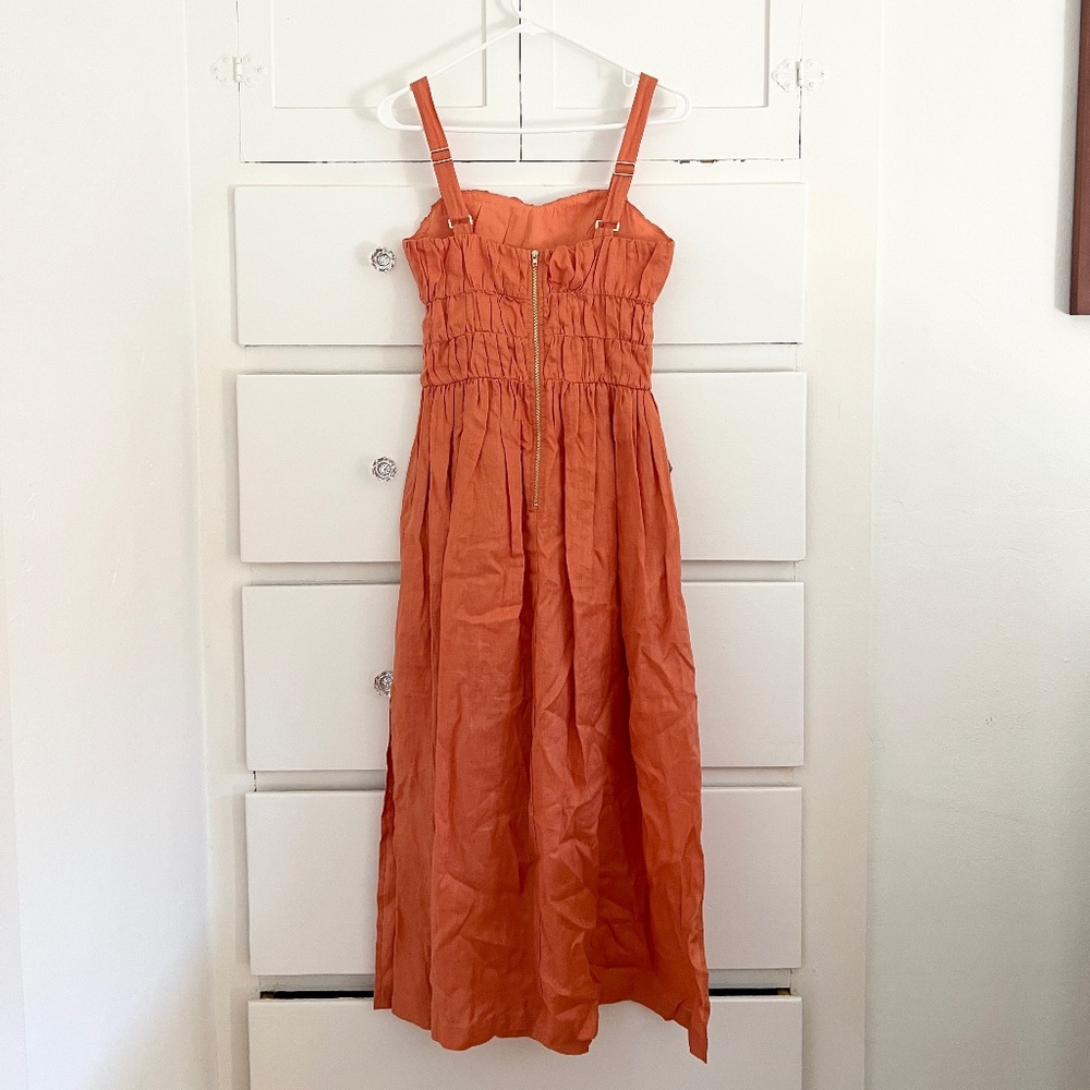 Mon Renn Papaya Linen Midi Dress Cutout Smocked Strappy Slit Size 8 - Picture 8 of 10